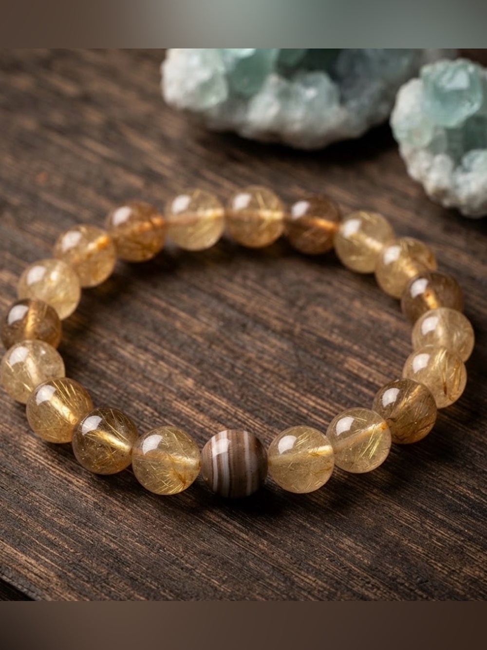 Golden Rutilated Quartz Beaded Bracelet with Striped Accent - Women Jewelry
